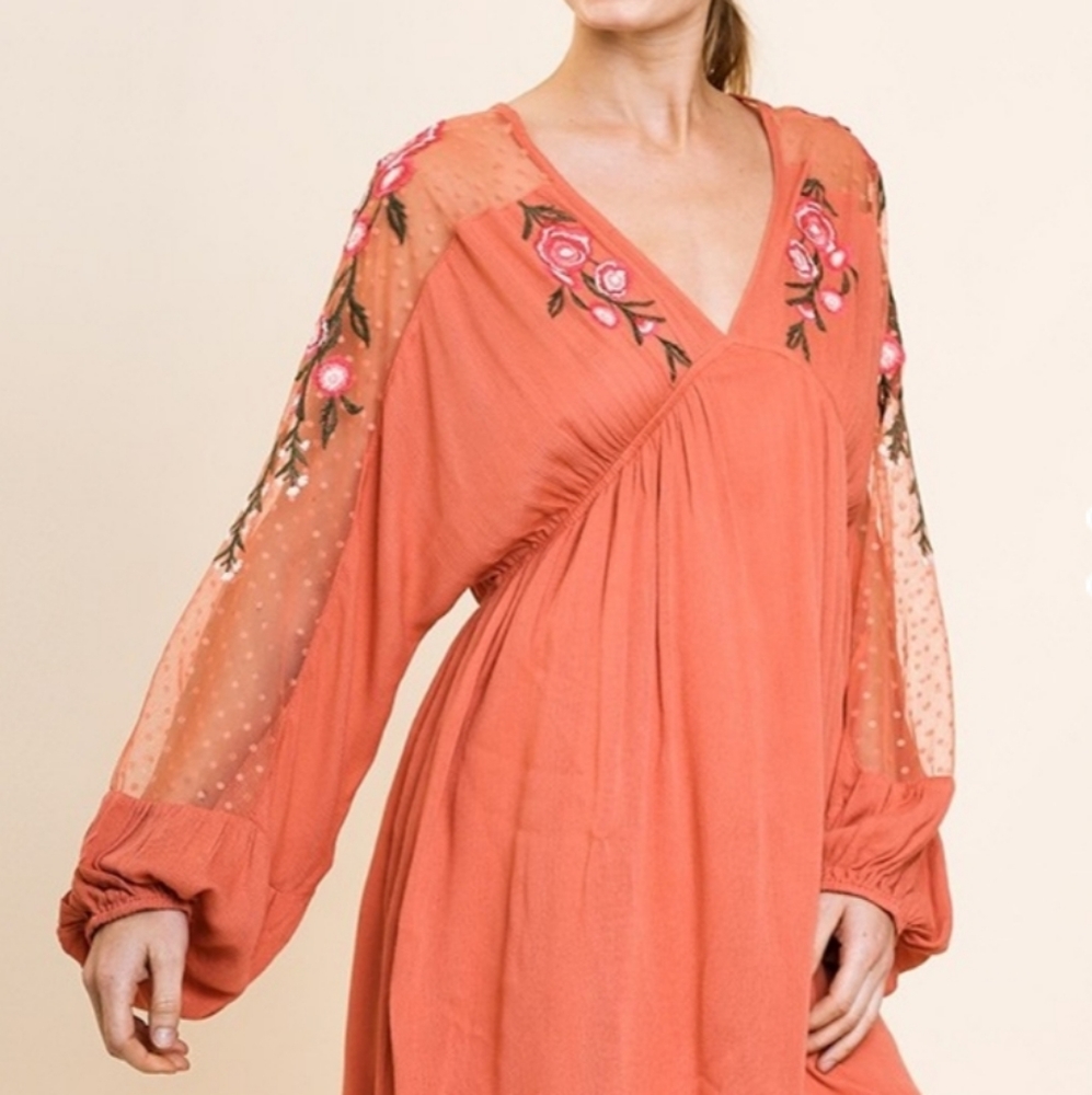 Boho in Salmon Puff sheer sleeve dress NWT